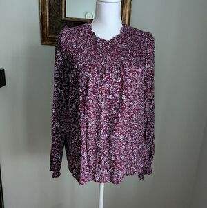 J.Crew Wmns Small Smocked Ruffleneck Top Floral Burgundy Blue Bree Long Slv 130